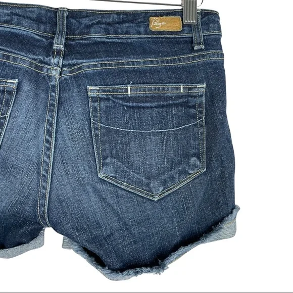 Paige Jimmy Jimmy Shorts Dark Wash Low Rise Raw Cuffed Hem Pre Faded & Feathered - Picture 7 of 11